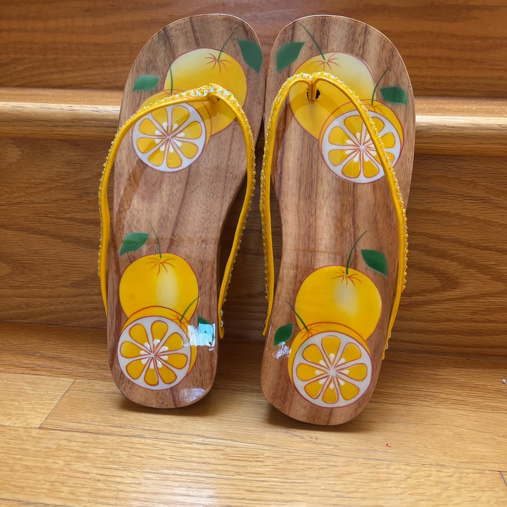 Yellow Lemon Wooden Flip Flops